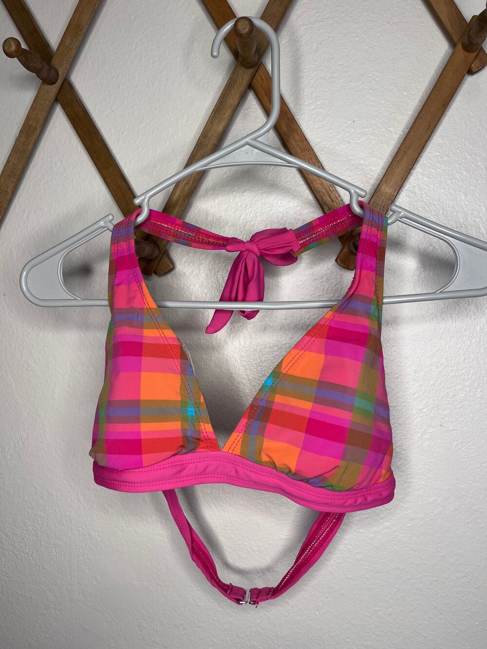 Vintage Y2K Plaid Triangle Bikini Top Pink Orange Halter Swimsuit Top